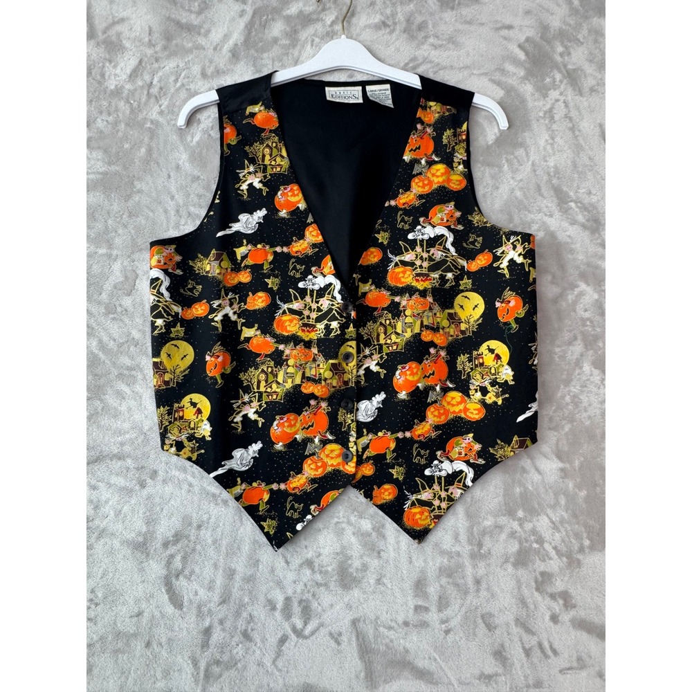 Basic Editions Halloween Vest Pumpkins Ghosts Haunted House Black Large